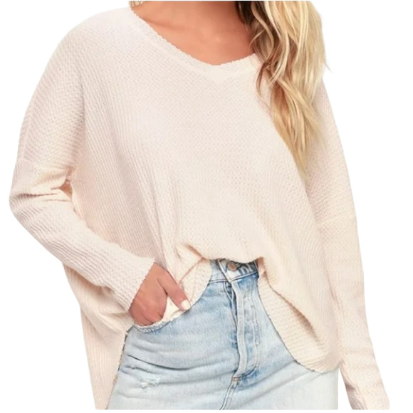 Lulus Sweaters - Lulus Basics Cream Only For You Waffle Knit Long Sleeve V-neck Sweater Size L